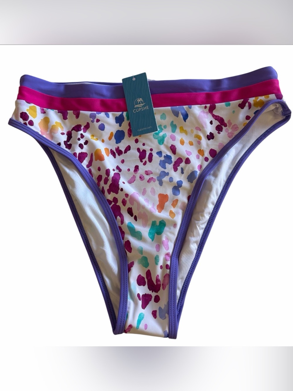 Cupshe NWT White Multicolor Leopard Print Bikini Bottoms with Purple Trim Size L